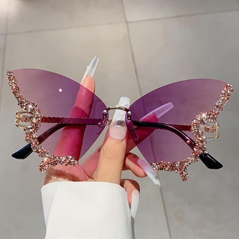 1 Count Rhinestone Decorated Butterfly Design Sunglasses, Durable Material Fashionable Rimless Sunglasses for Women, Elegant All-match Fashion Accessories for Daily Wear, Stylish Glasses, Trendy Styling Sunglasses