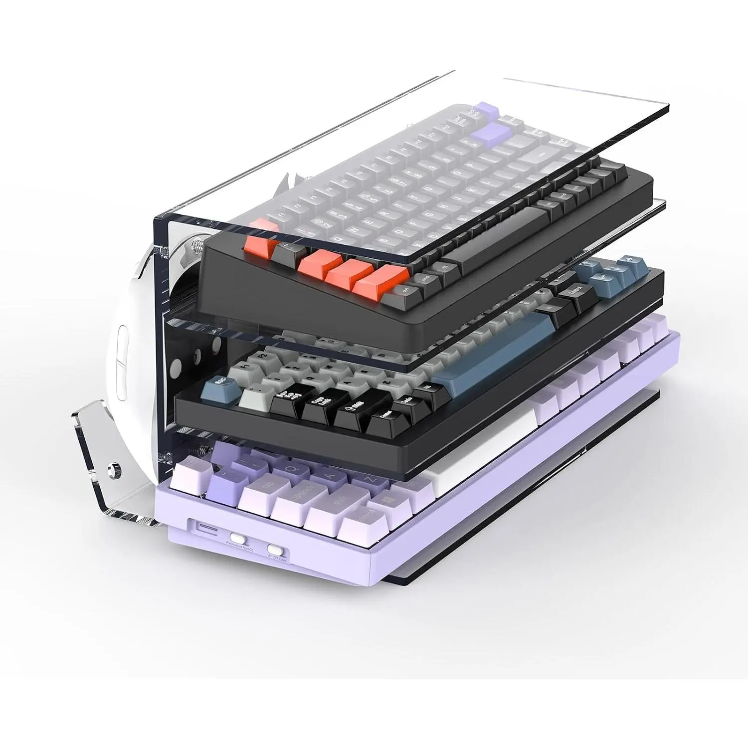 Keyboard Stand for Desktop 3 Layer Acrylic Stand Gaming Keyboard and Mouse Storage Thicken Dustproof Storage Holder Holds up 4 Keyboards,3 Mice,folder etc for Office,Home,School,Kitchen(Transparent)Gift.