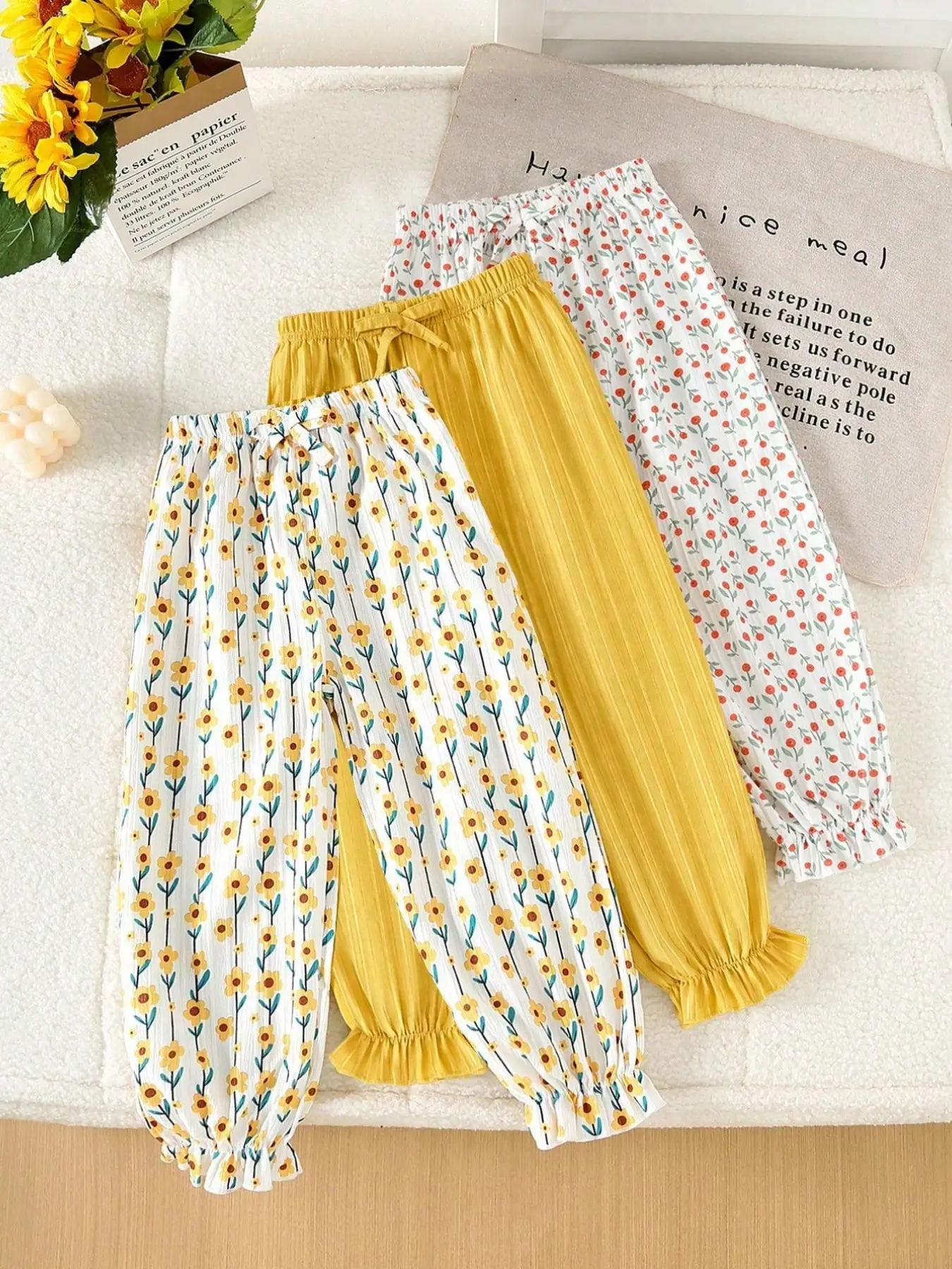 3-Pack Girls' Casual Multi-Color Floral Print Bottom Pants, Lightweight Texture Long Pants, Ideal for Outdoor Activities, Spring Summer Fall