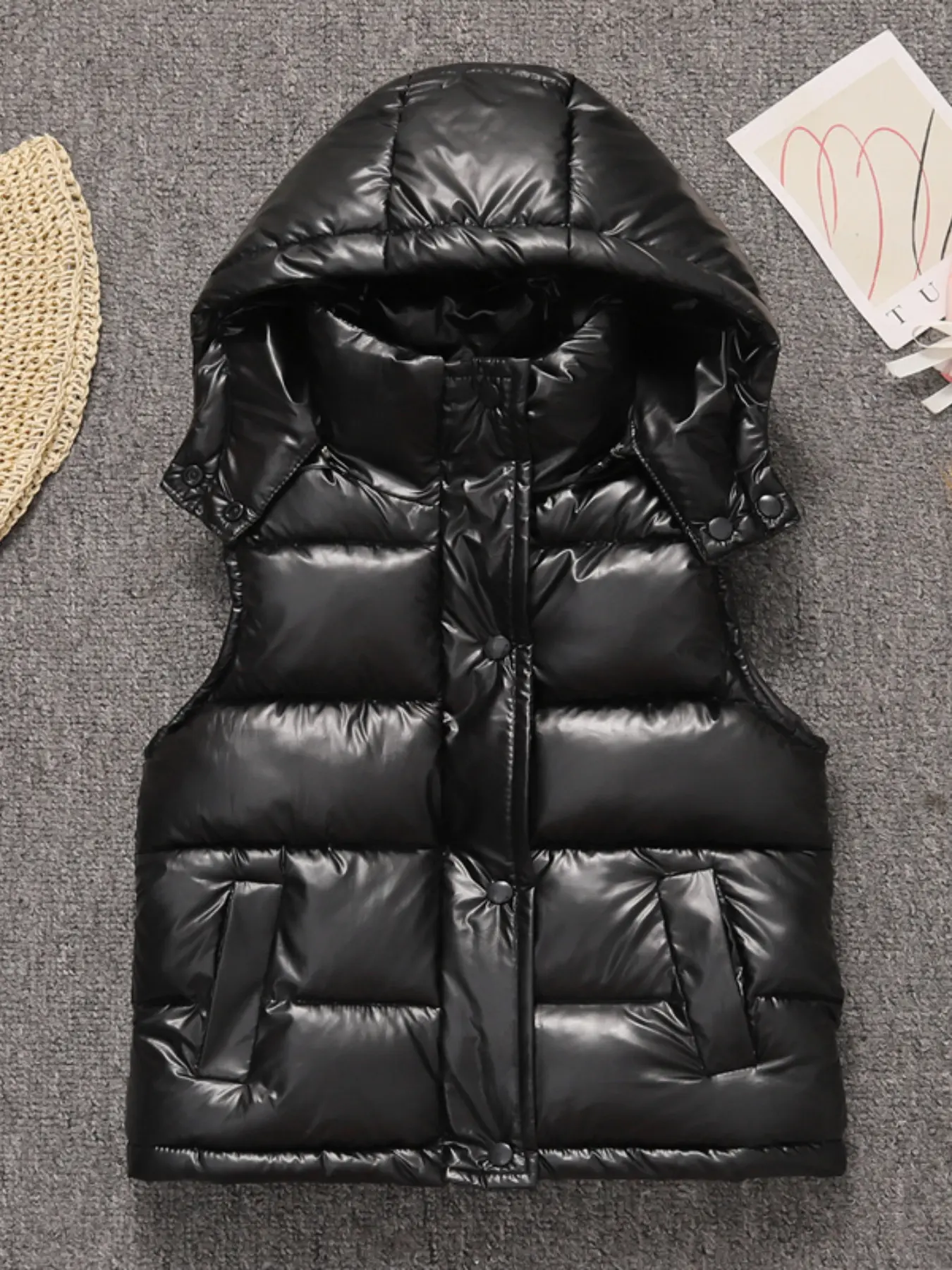 Waterproof Vest, Waistcoat Vest, Polyester Fiber Filled Warm Jacket, Detachable Hat, Fashion Versatile Outerwear