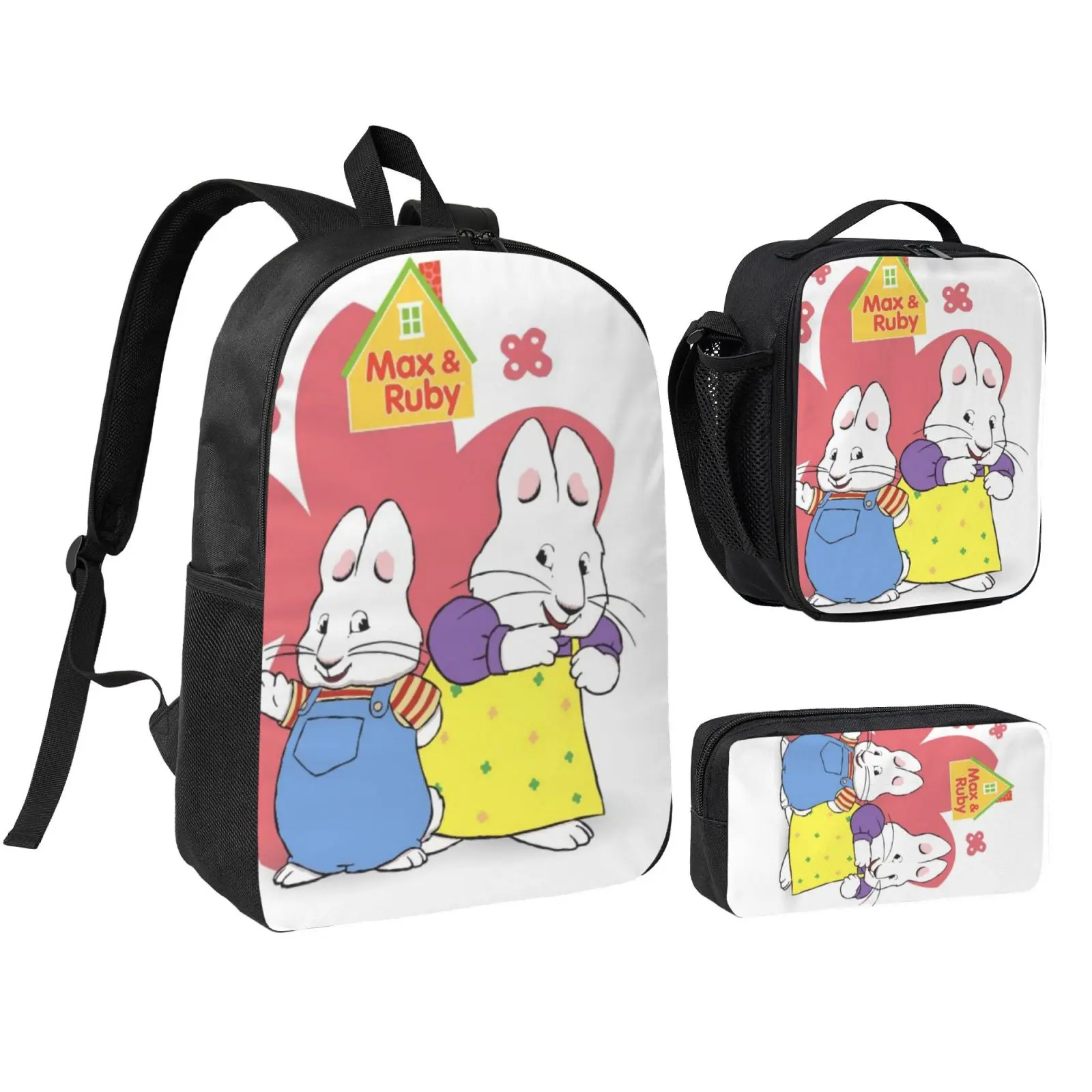 Kids' Cute Max & Ruby Anime 3-Piece Polyester School Backpack Set - Waterproof, Foam-Padded Adjustable Straps, Insulated Lunch Box, Zip Pencil Case, Lightweight Graphic Design, 1.8 x 8.7 x 4.3 inches, for Back to School, Christmas Gifts