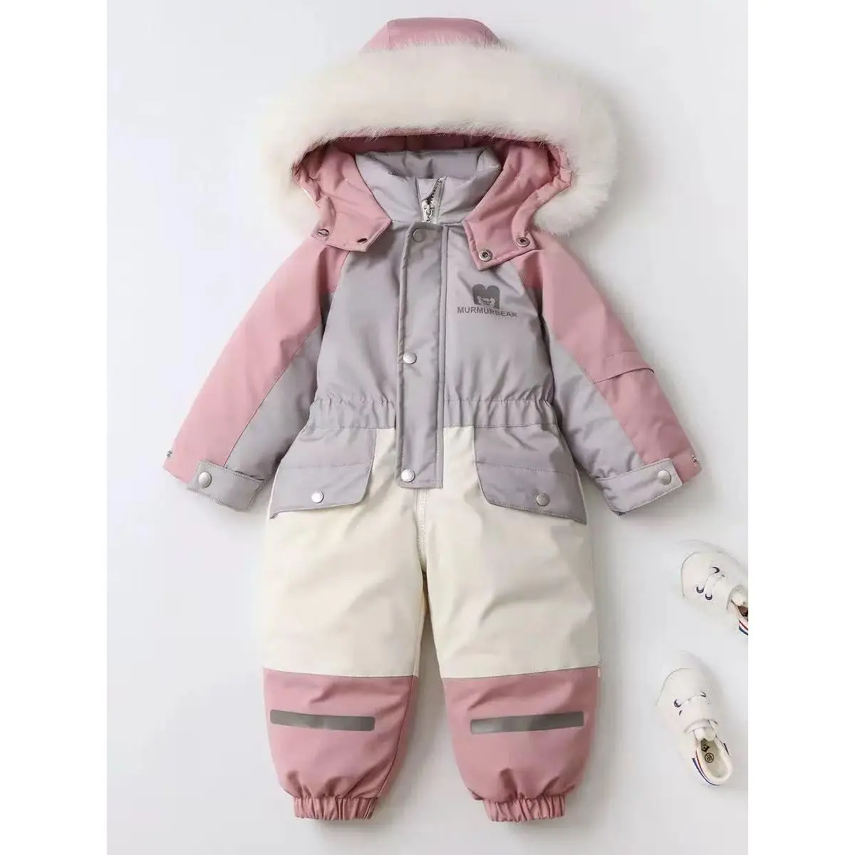 Toddler Girls' Ski Jumpsuit, Cute Colorblock Animal Print Polyester Snowsuit, Thick Fleece-Lined Winter Outerwear with Pockets, Jumpsuits, Regular Fit, Ski Jacket, Skiing