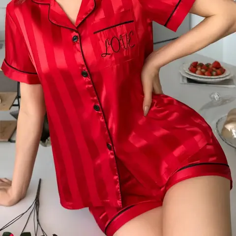 Women's 2-Piece Satin Pajama Set, Striped Collared Short Sleeve Top with Pockets, Bow Shorts, Casual Loungewear & Sleepwear, Casual Pajamas Set