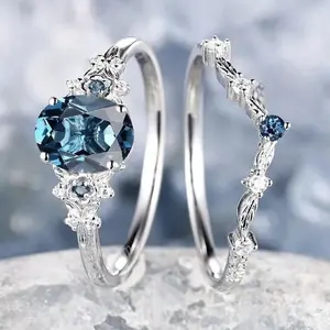 2Pcs Sparkling Blue Stackable Couple Ring Set Elegant Promise Wedding Jewelry for Her and Him