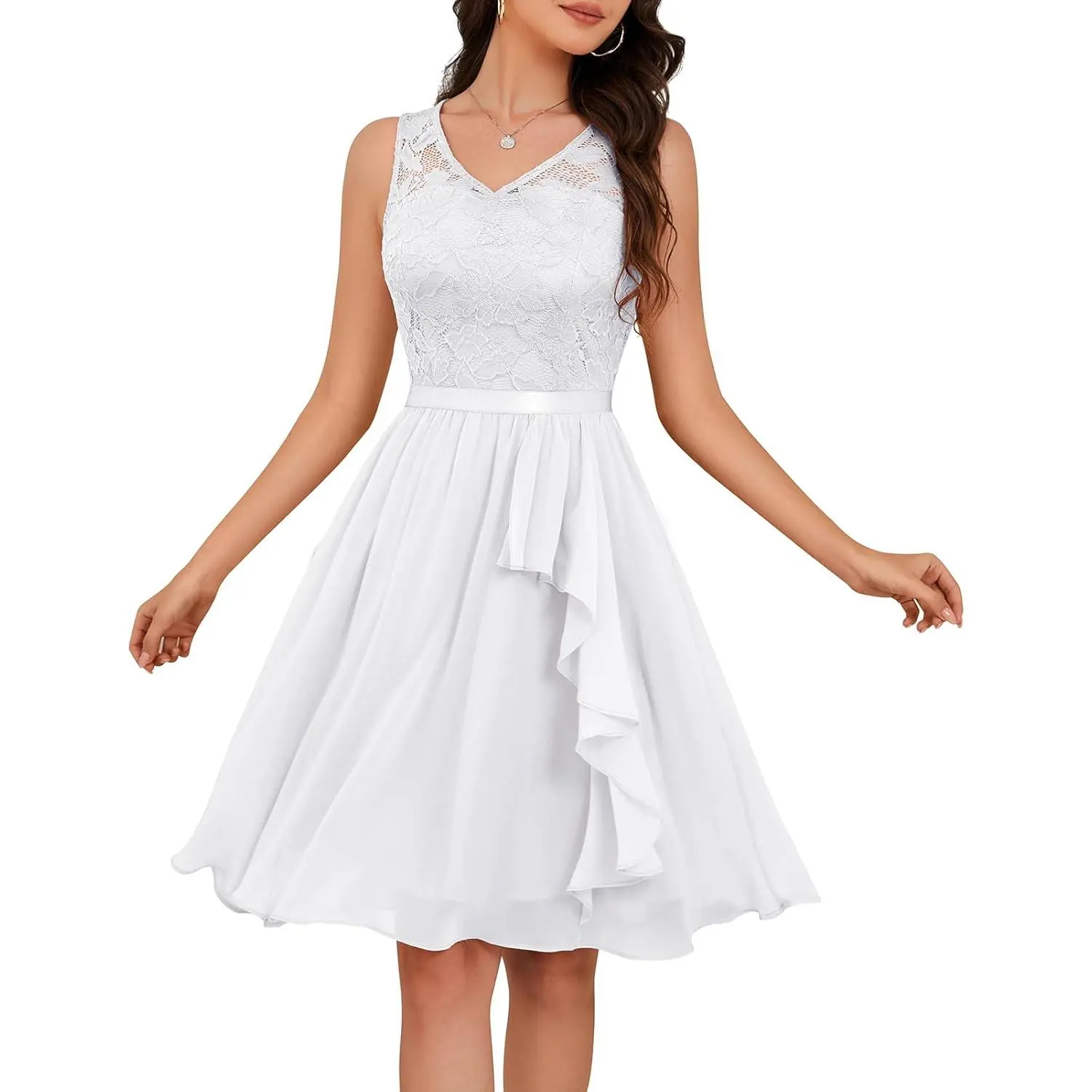 Meetjen Ladies' Lightweight High Waist Lace Cocktail Dress with Zipper - 2026 Handkerchief Hem Formal Bridal Wedding Guest Bridesmaid Prom Gown, Slimming, Stretchy, Elegant, Chiffon, Ruffle