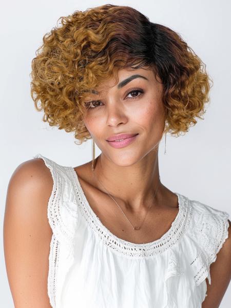 6inch T1B/30 Color Women's Short Curly Bob Wig with Bangs, 6 Inch Curly Hairpiece, Real Human Fiber, Full Machine Made, Perfect for Daily Wear, Natural Looking Wig