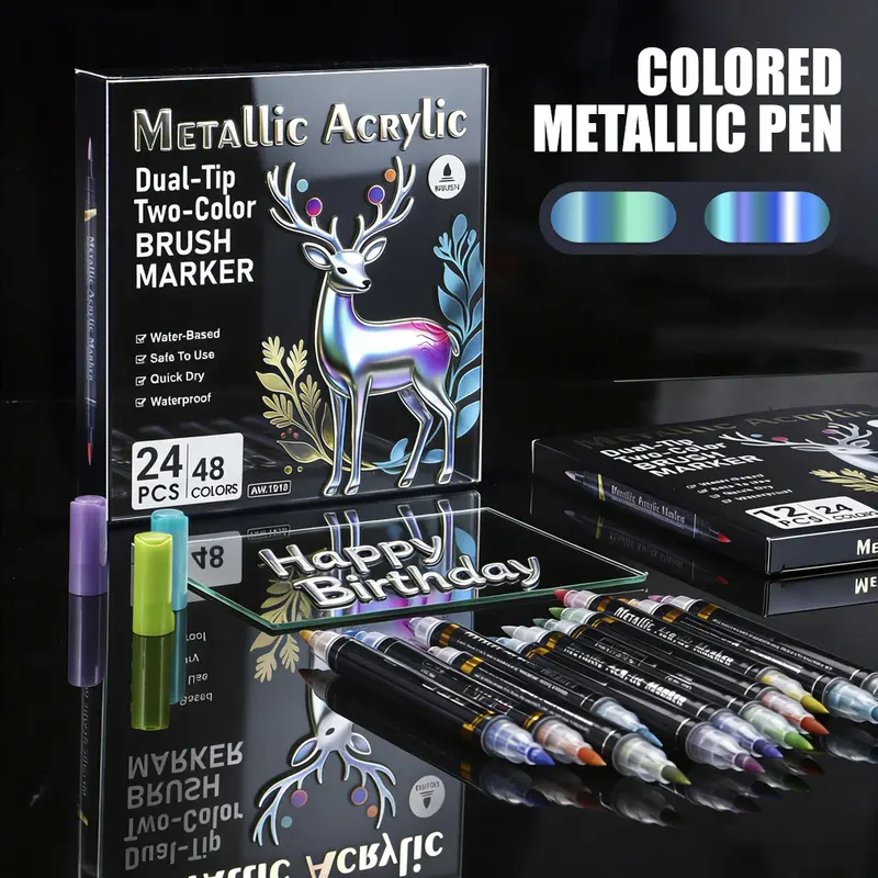 12/24/48/72 Colors Dual-Tip Metallic Acrylic Markers feature vibrant metallic pigments, smooth ink flow and excellent coverage. Equipped with brush and fine tips, they create bold strokes and precise details. Quick-drying, waterproof and versatile, ideal