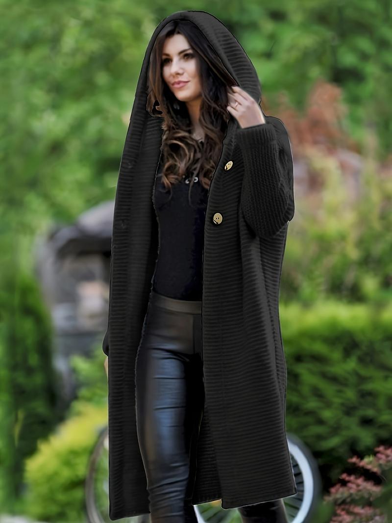 Women's Plain Textured Drop Shoulder Long Hooded Cardigan, Casual Long Sleeve Buttons Knit Outerwear For Fall & Winter, Women's Clothing For Daily Wear, Womenswear