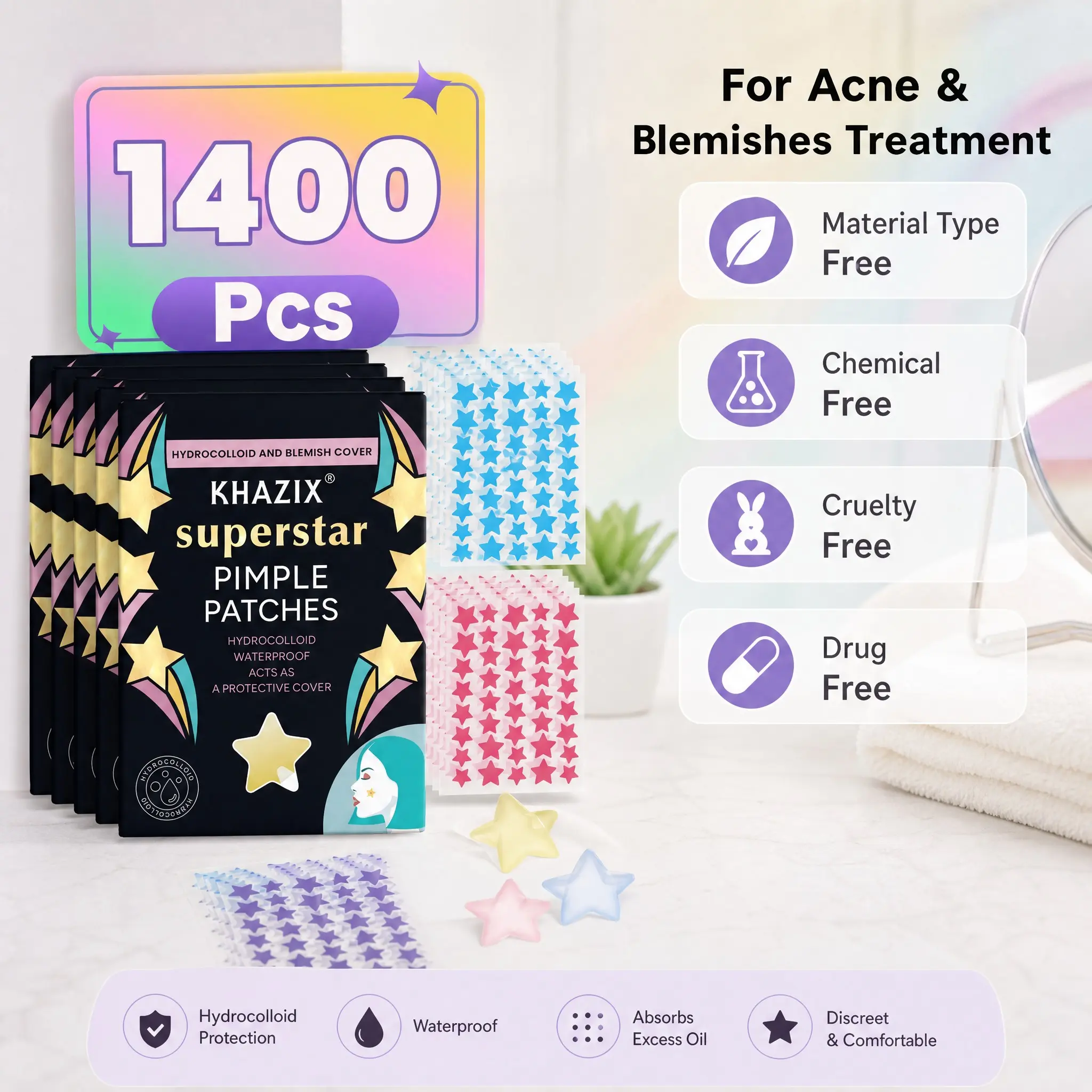1400 Count, 7 Colors, Pimple Patches for Face, Hydrocolloid Acne Patches, Cute Star Zit Covers, Colorful Spot Stickers with Tea Tree, Salicylic Acid & Cica Oil