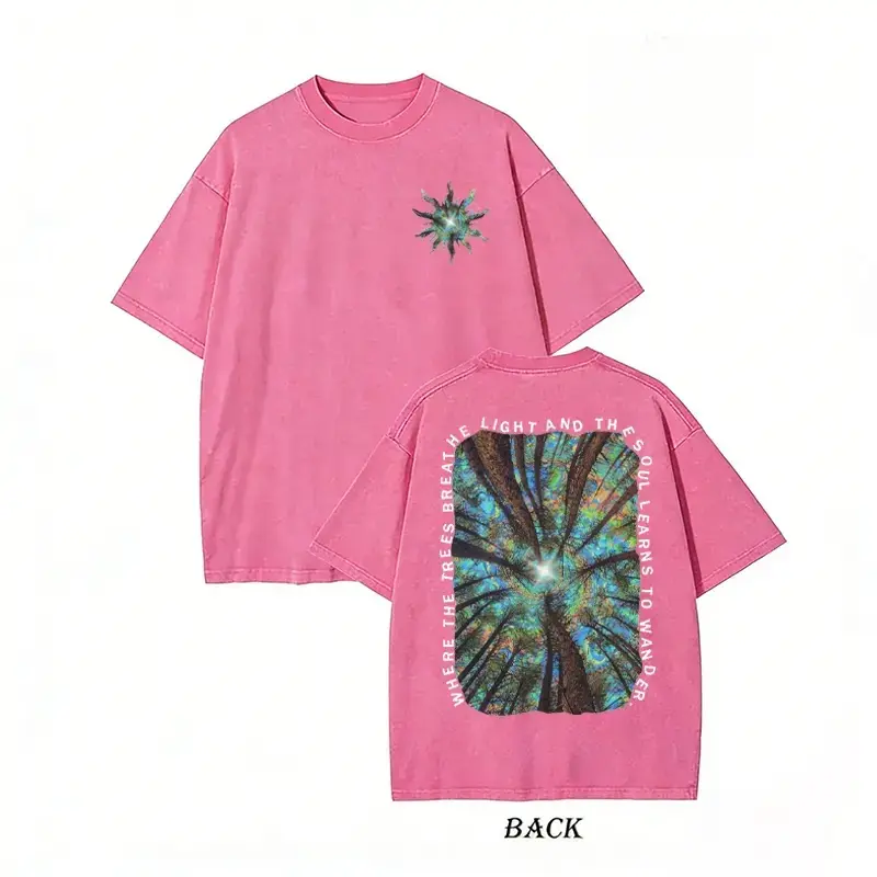 Women's Unisex Where The Trees Breathe Light Oversized Baggy Shortleeve Lightweight Tee - Trippy Forest Spiritual Graphic, Retro Acid Wash Wander Soul Top
