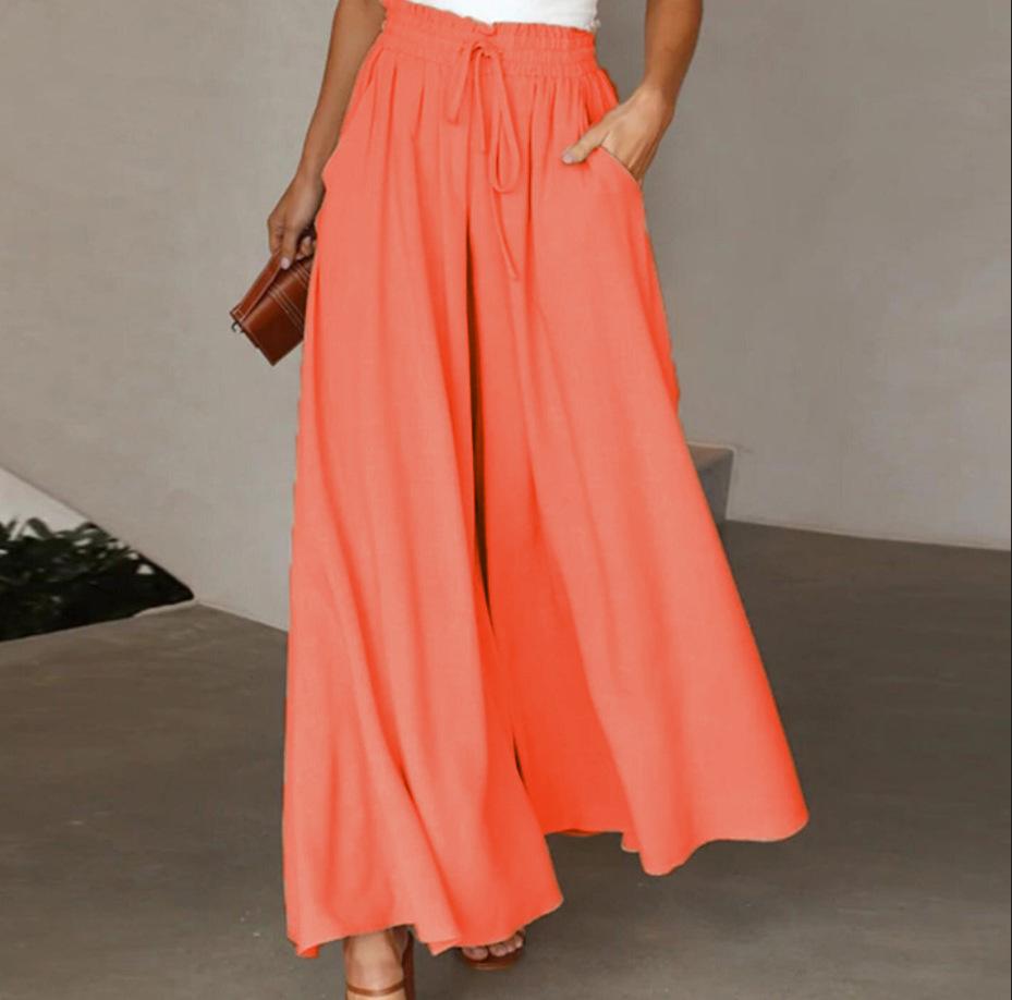 Women's new summer wide-leg long pants with elastic waistband, high-waisted long skirt-pants for women, suitable for beach vacations and commuting