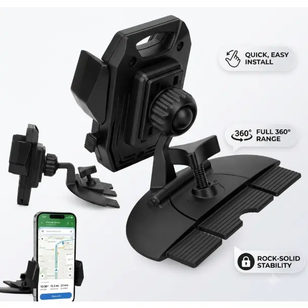 360° Adjustable CD Slot Car Mount Anti-Slip Bare-Phone Cradle Stand for iPhone 15 Series & Previous Models