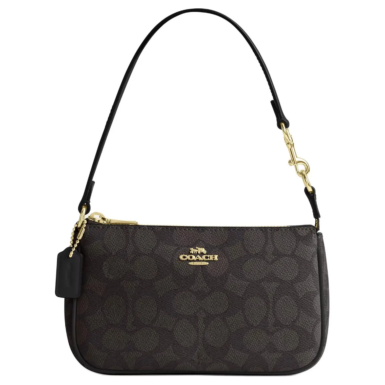 COACH Nolita 19 Small Handbag for Women – Vintage Monogram Print, Zip Closure, Faux Leather, Gold and Walnut with Black Accents