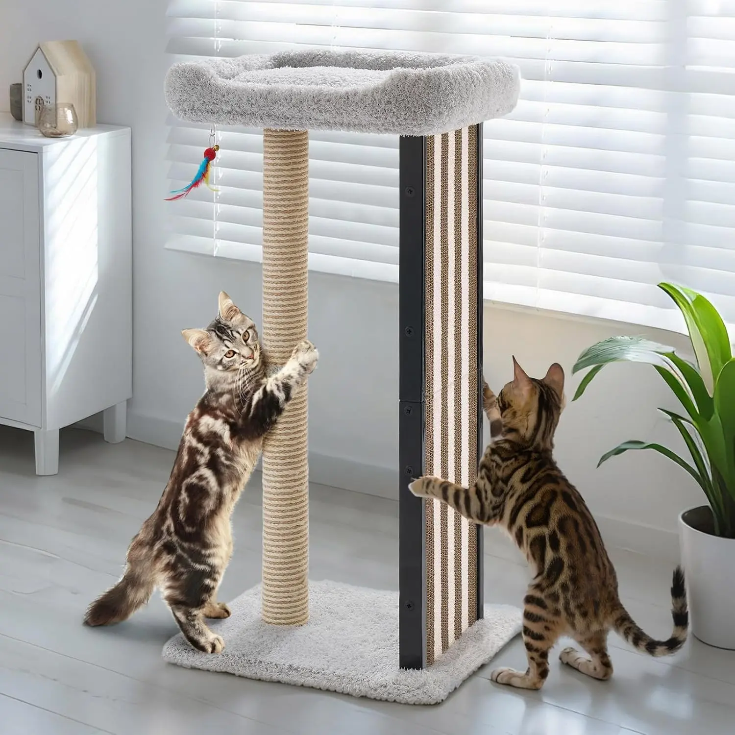 35" Tall Cat Scratching Post for Indoor Cats Adult, Sturdy Cat Scratch Pad with Replaceable Metal Frame Scratching Board, Large Scratch Post with Plush Top Bed