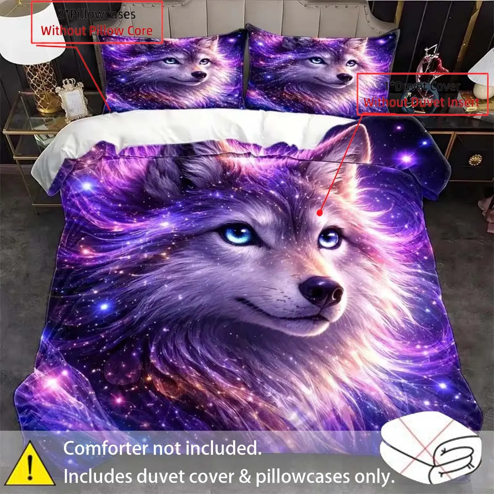 3pc Dreamy Starry Wolf Bed Set, Twin Size, Invisible Zipper Design, Soft & Breathable, Home Decor, Nordic Style, Printed Bedding Set