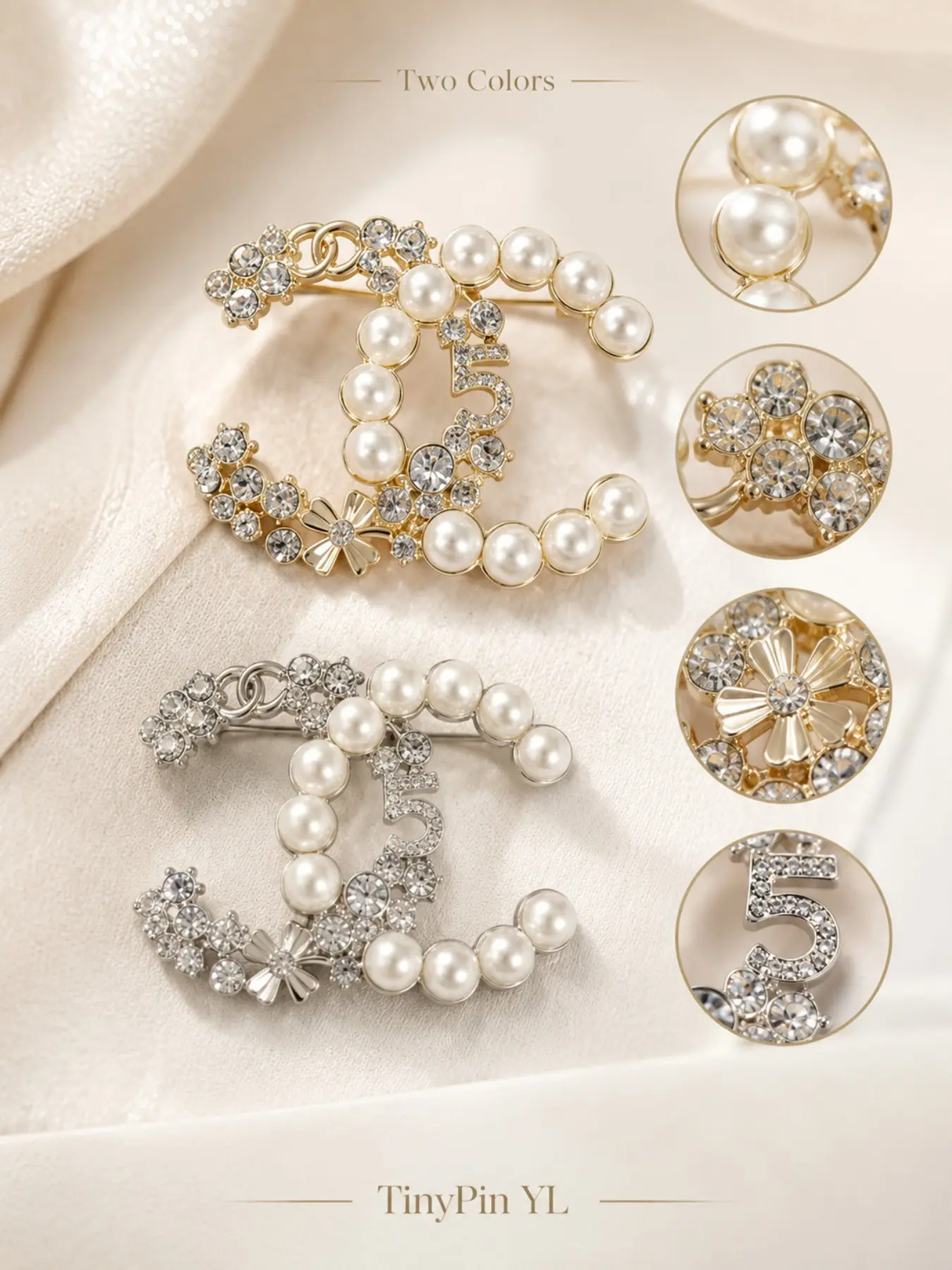 Women's Versatile Commuter CC Brooch, Dual Color Pearl Strand, Floral Rhinestone Design, Ideal for Collars, Hats, Scarves, Necklaces, Bags
