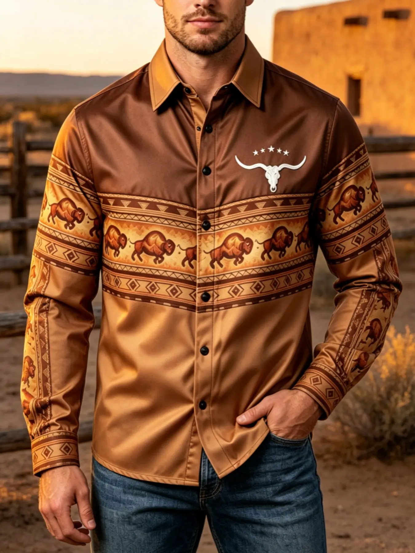 Vintage American Western Ethnic Style Bull Print Men's Long Sleeve Shirt, Slim-Fitting, All Seasons, Full Placket, Unlined Top
