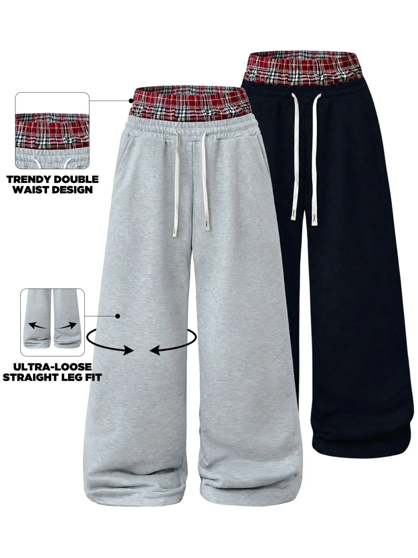 Men's Fall Street Style Workout Pants, 2-In-1 Thick Knit Joggers, Elastic Waist Drawstring, Wide Leg Casual Pants, 2 Pairs Set