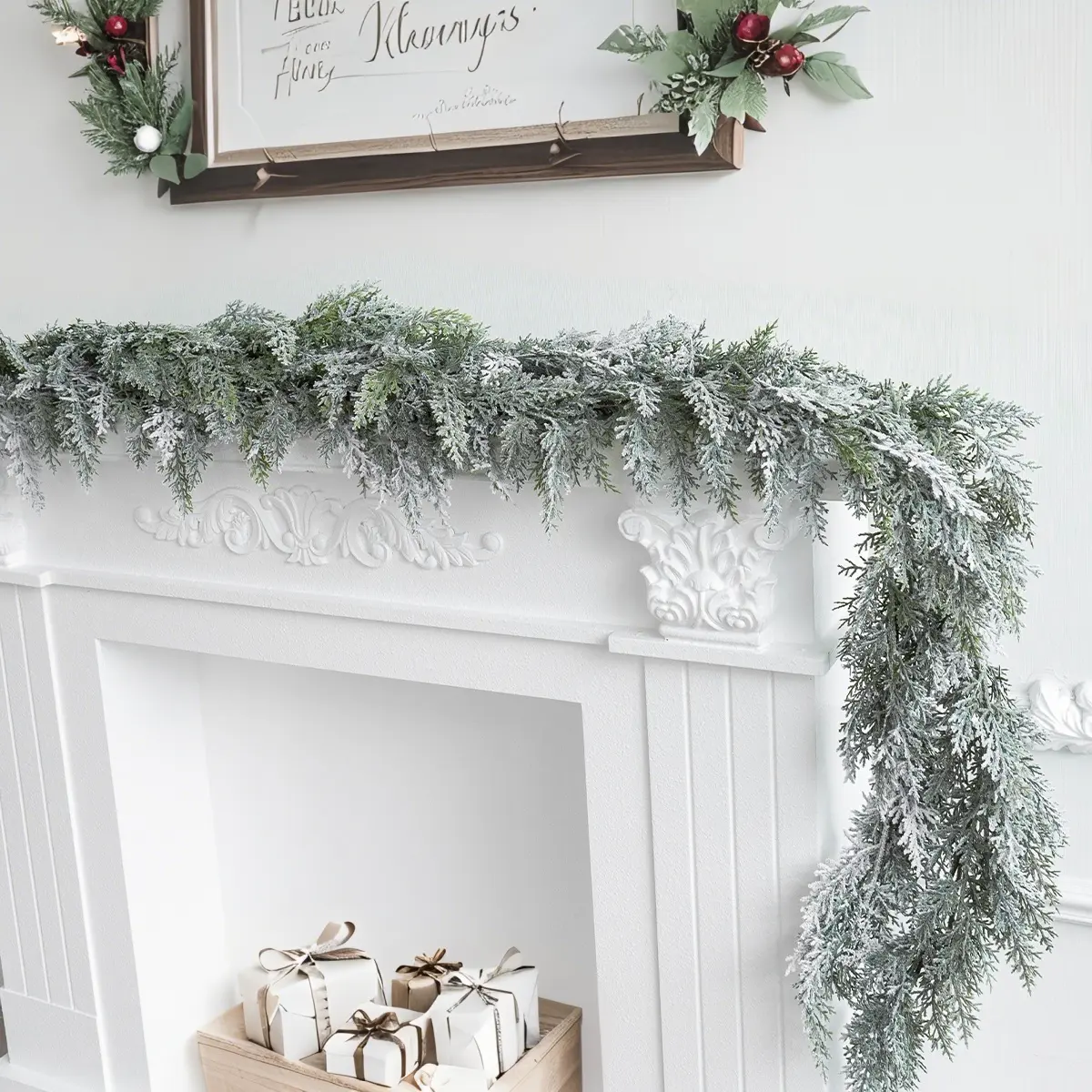 1 Pc Christmas wreath, Snow Flocked Norfolk Pine Garlands, 6 FT Real Touch Winter Pine Garland, Green Artificial Greenery Garland for Table, Mantle, Wall, Indoor, Outdoor Christmas Decorations, Christmas Decorations