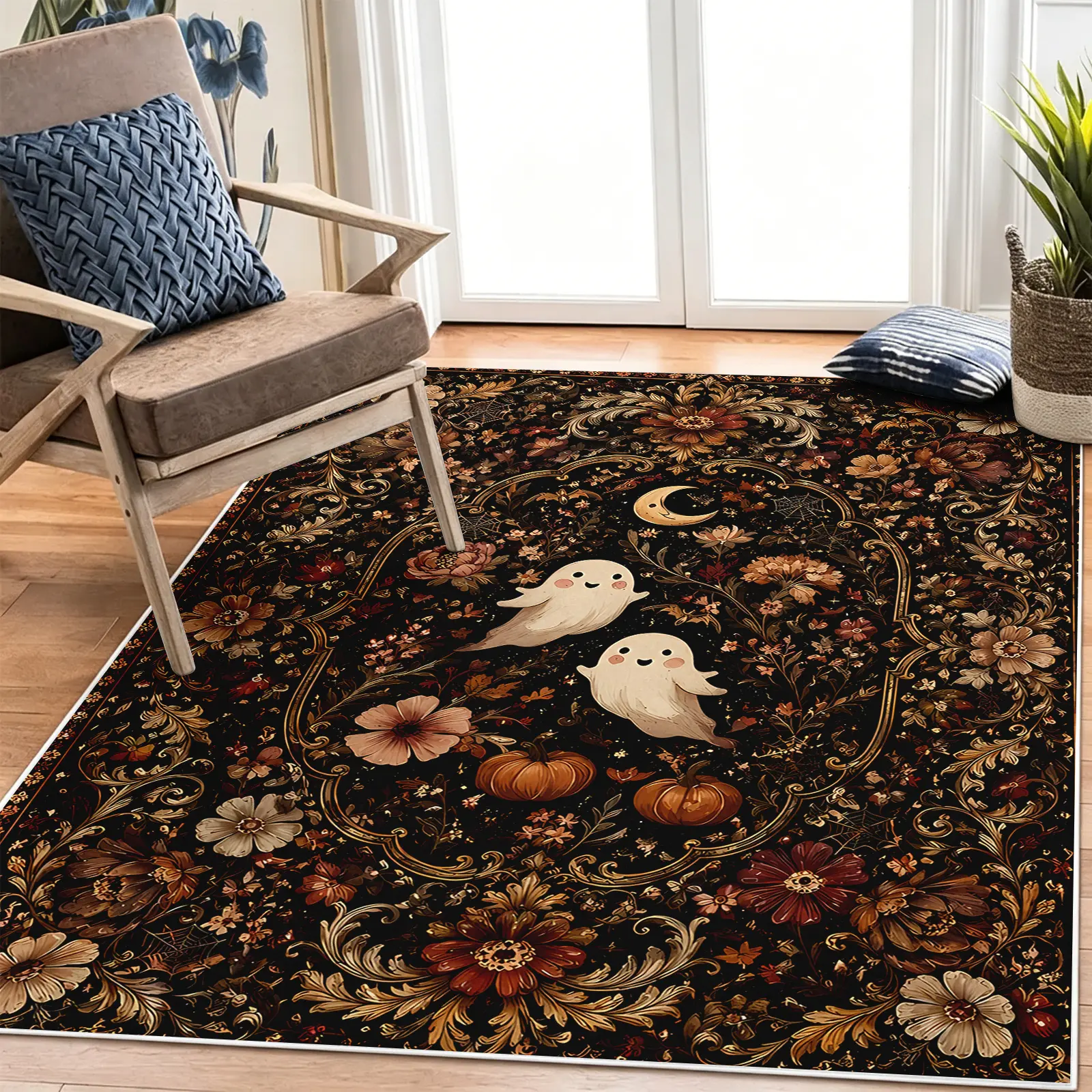 1pc 8x10ft Dark Floral Halloween Area Rug, Black Base with Cute Ghost and Pumpkin Motif Carpet, Soft, Non-Slip, Machine-Washable Floor Covering, Stain-Resistant, Low-Pile Rug, Aesthetic Decor for Living Room and Bedroom, Modern, Faux Wool