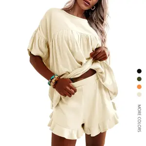 Danedvi Women's Striped Pajama Set, 2-Piece Ruffle Sleeve Loungewear with Crew Neck Top and Elastic Waist Shorts