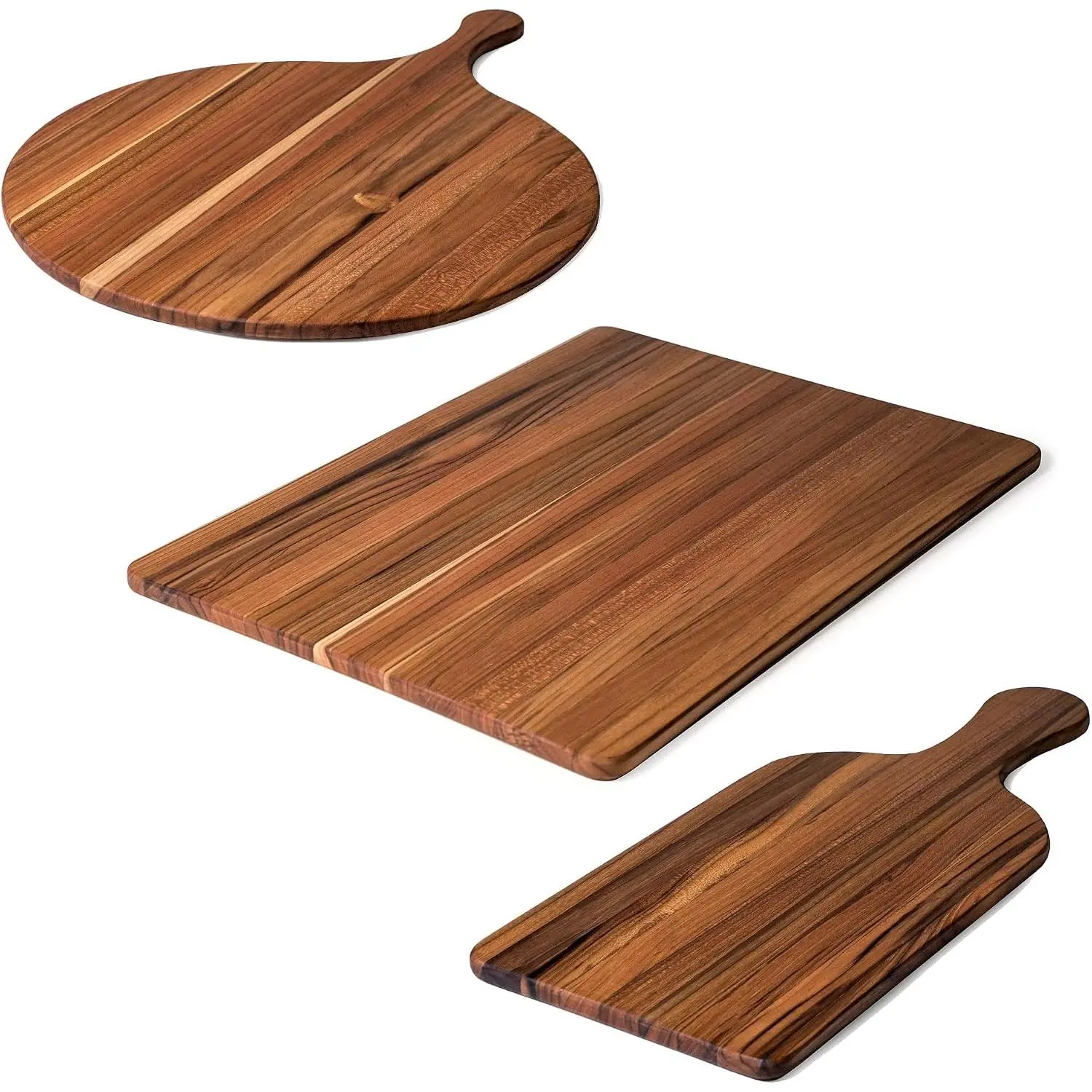 Teakwood Serving Boards Set of 3 - Includes a Regular Board, Round Serving Board and Paddle  Board - Reversible,  Grain,  Friendly - FSC Certified