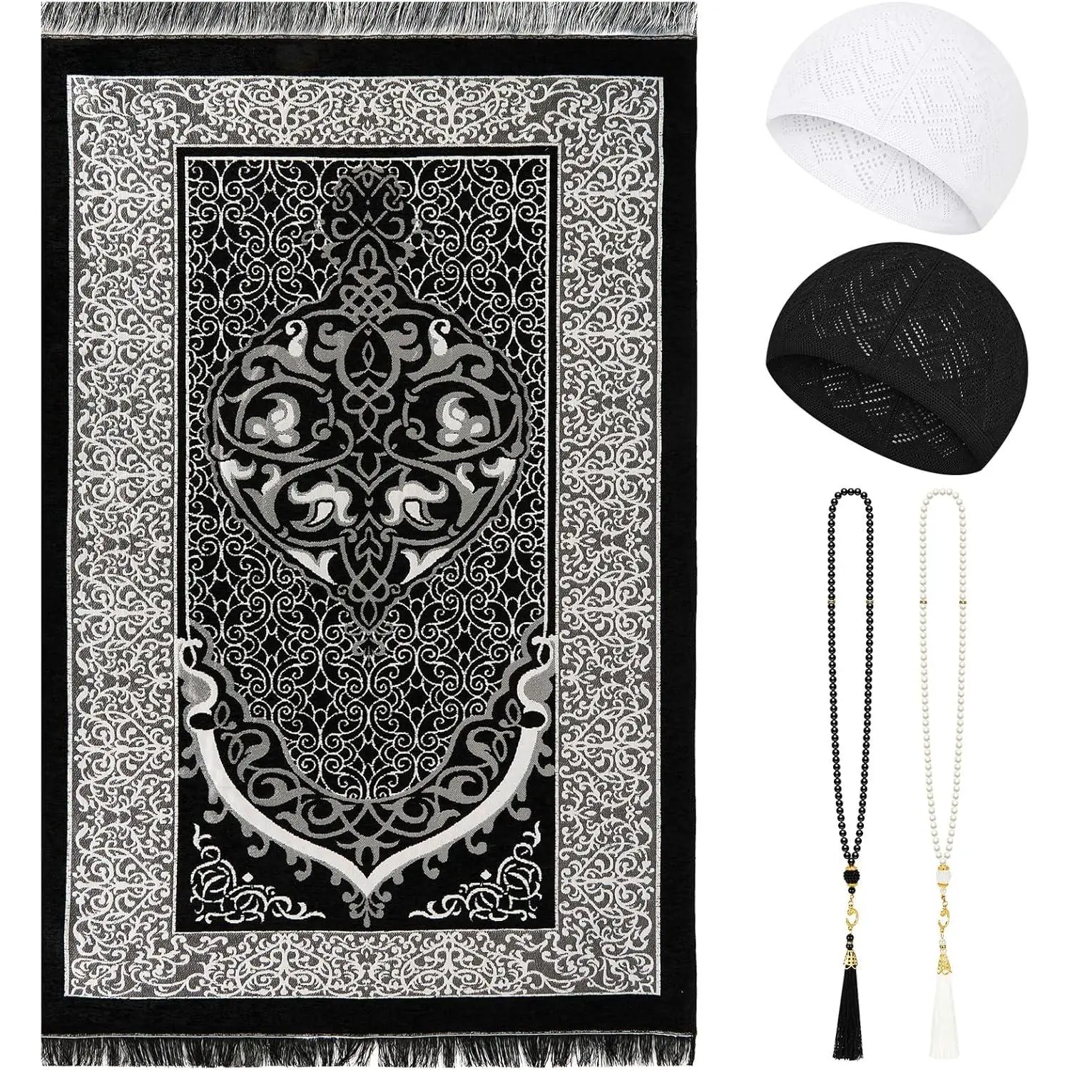 Muslim Prayer Mat Set with Kufi Hat & Tasbih 99 Beads, Portable Islamic Prayer Rug Travel Foldable Sajjadah, Breathable Taqiyah Cap, Ramadan Eid Islamic Gifts for Men Women