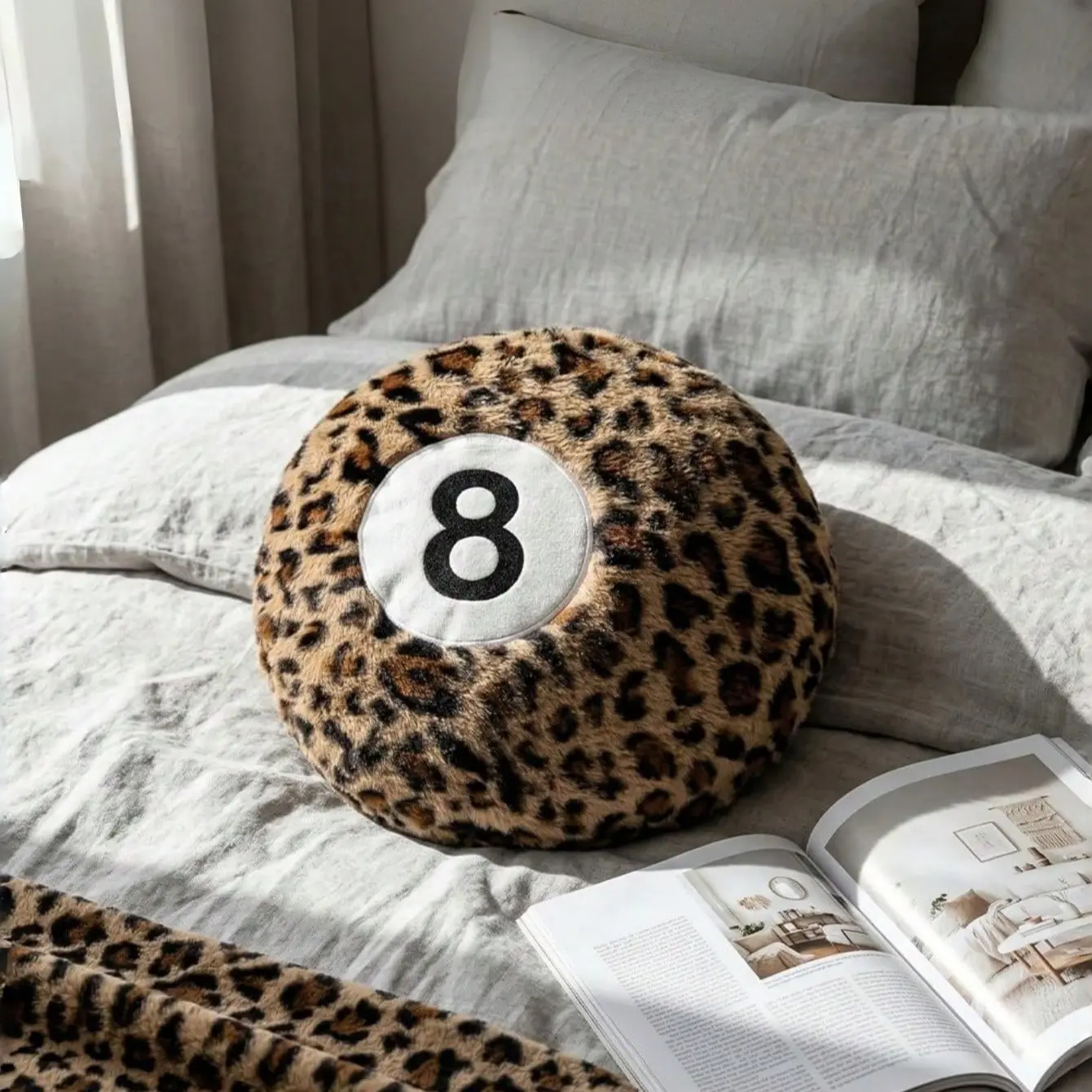 1PC Fluffy Leopard & Black 8-Ball Pillows! Instantly style your bed or couch with this iconic Y2K preppy vibe. 🎱 The perfect all-season room upgrade & holiday decor must-have! An obsessed-worthy gift for friends! 🖤
