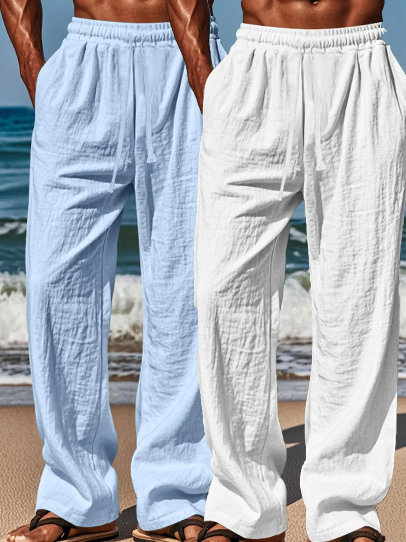 Two-piece men's pure color patchwork high-quality long pants for spring, summer and autumn. Best-selling casual and comfortable beach pants, summer daily wear men's pants, casual travel pants, lightweight men's suit pants.