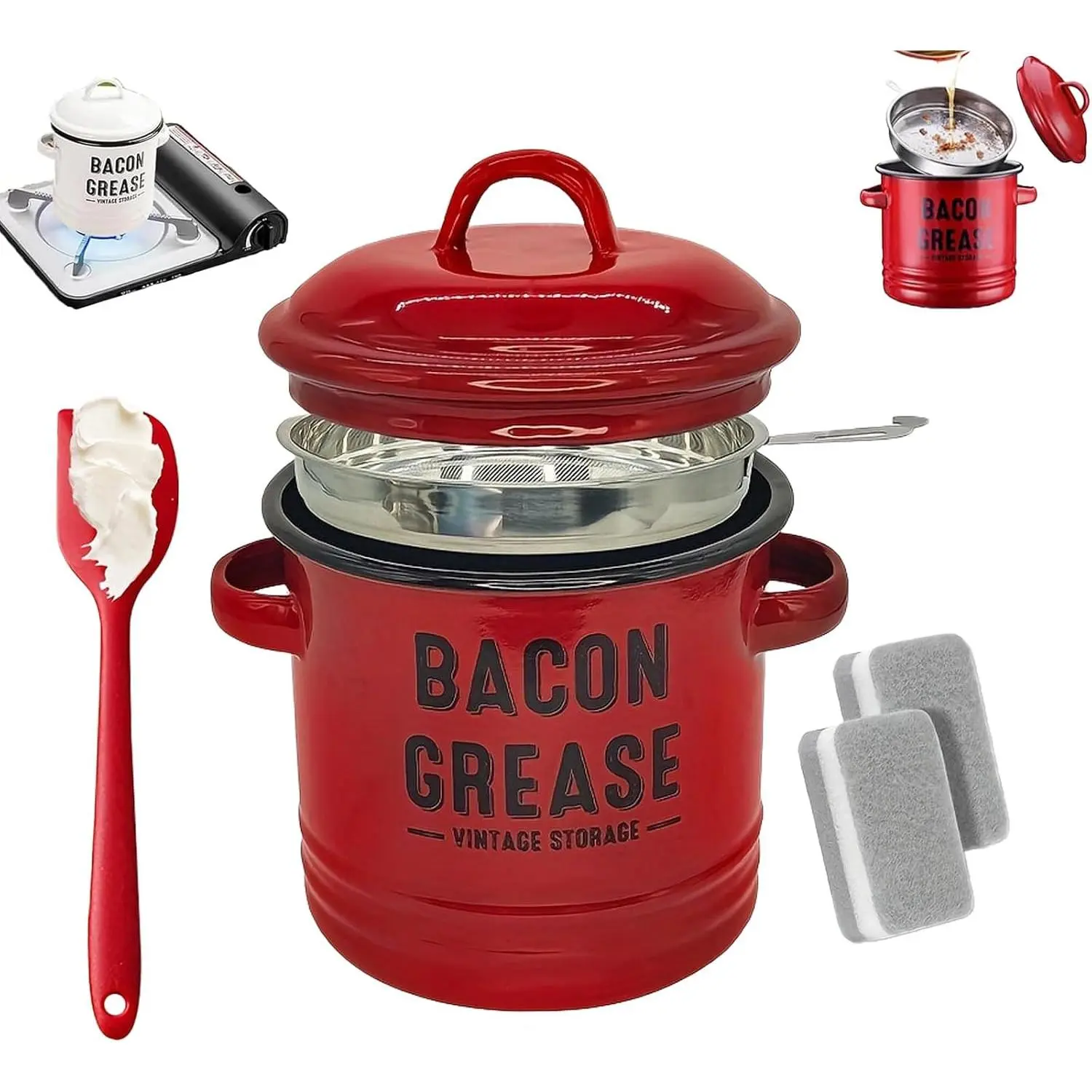 46 Oz Bacon Grease Container with Strainer and Food-Grade Silicone Spatula, Ceramic Bacon Grease Jar, Farmhouse Bacon Drippings Saver, Kitchen Grease Keeper with Lid (Red)