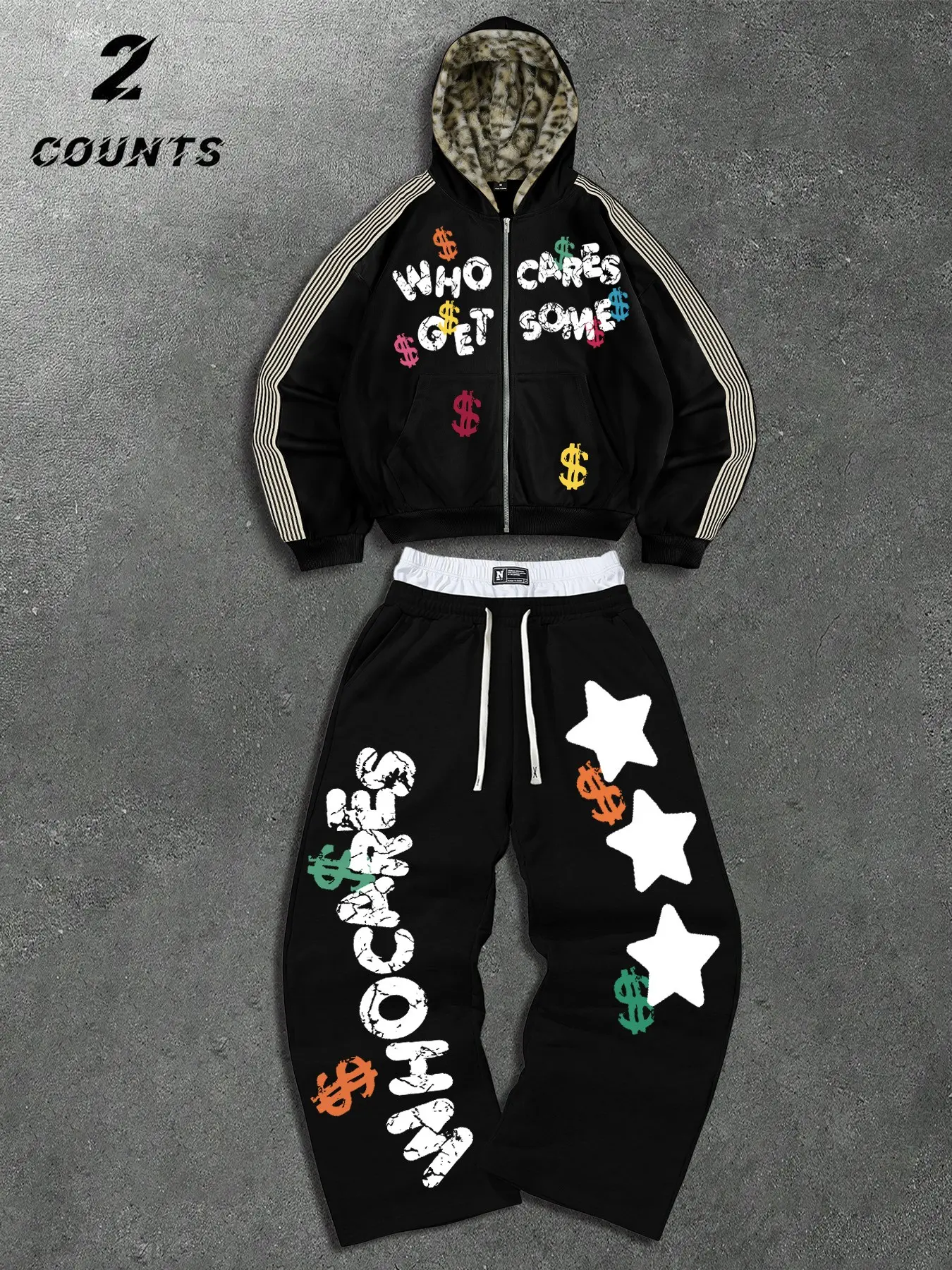 Y2K Graphic Print Full Zip Long Sleeve Hoodie and Baggy Sweatpants Set • Men's Hip Hop Sport Streetwear Tracksuit with Leopard Lined Hood & Dollar Sign Detail • Casual Oversized Matching Set for Daily Outing Clubbing Night