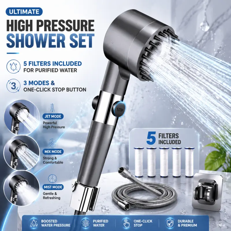 High Pressure Filtered Shower Head Set - 3 Modes with 5 Replaceable Filters & One-Click Stop Button, Booster Shower Set