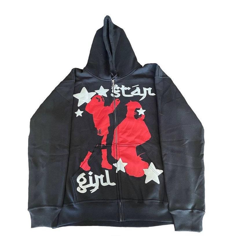 Washed Distressed Sweater Men And Women National Trend Hip-hop Front And Back Printed Hoodies