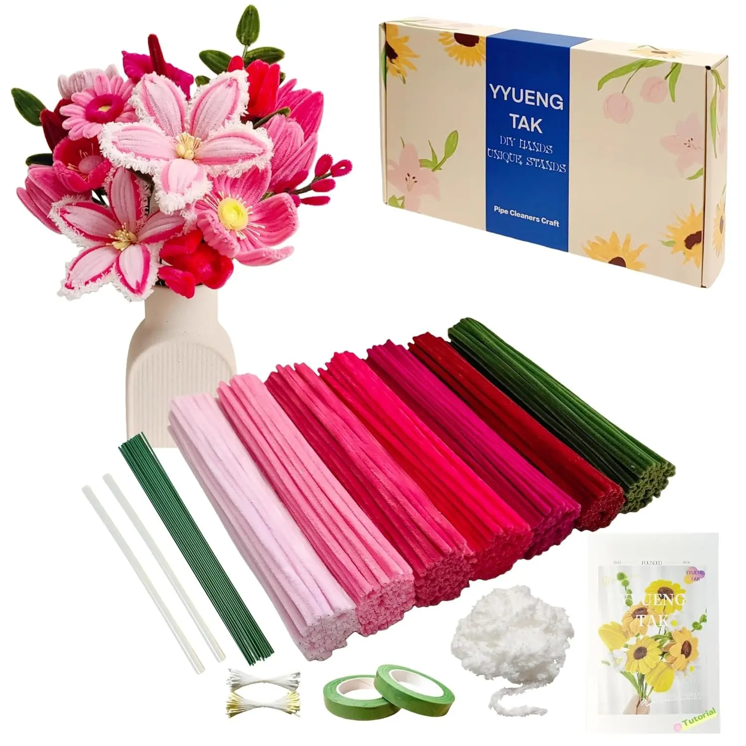 350 Pcs Red & Pink Pipe Cleaners Flower Kit with Tutorial, Fluffy Yarn, Green Floral Wires, Gardening Tape, Stamen Chenille Stems for DIY Art Projects Creative Gift Decor