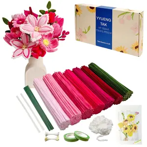 350 Pcs Red & Pink Pipe Cleaners Flower Kit with Tutorial, Fluffy Yarn, Green Floral Wires, Gardening Tape, Stamen Chenille Stems for DIY Art Projects Creative Gift Decor