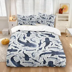 Coastal Marine Shark Creature Theme Duvet Cover Set, 1 Quilt Cover and 1-2 Coreless Pillowcases, Watercolor Blue Shark, Spotted Whale Shark & Mini Sea Bubble Pattern, All Seasons Use Soft Bedding, Teens Bedroom Decor, Cozy Bedding Set