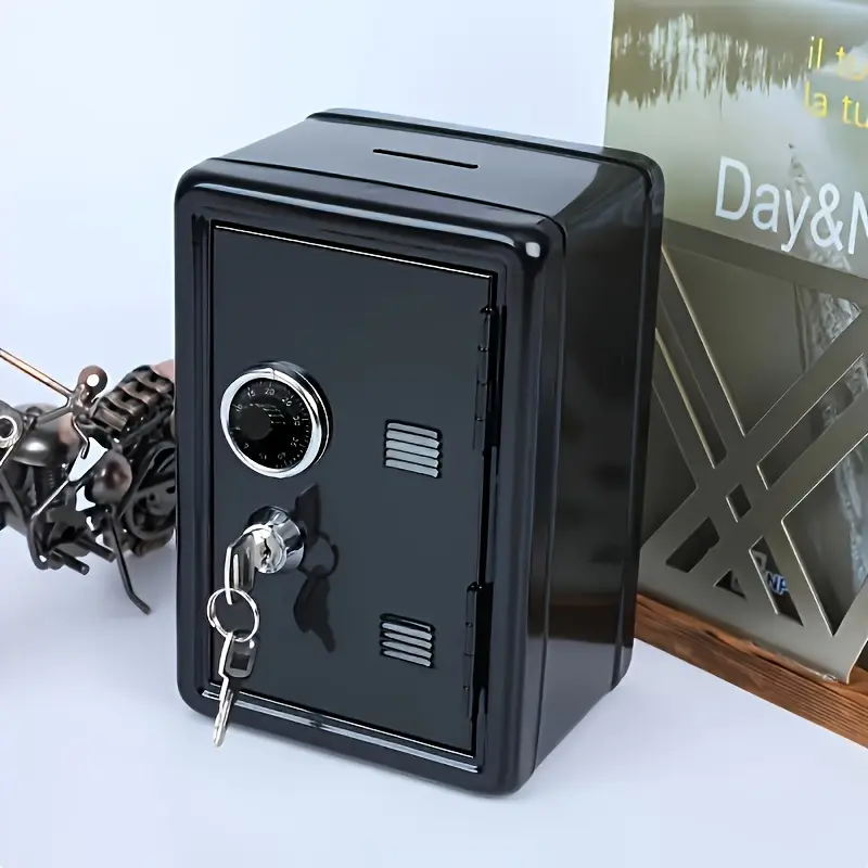 Black mini metal safe with key and password dual protection, sturdy and drop resistant design, no need for power supply, large storage capacity, safe, piggy bank, safe, portable safe, Key Lock Safe, Safe Box