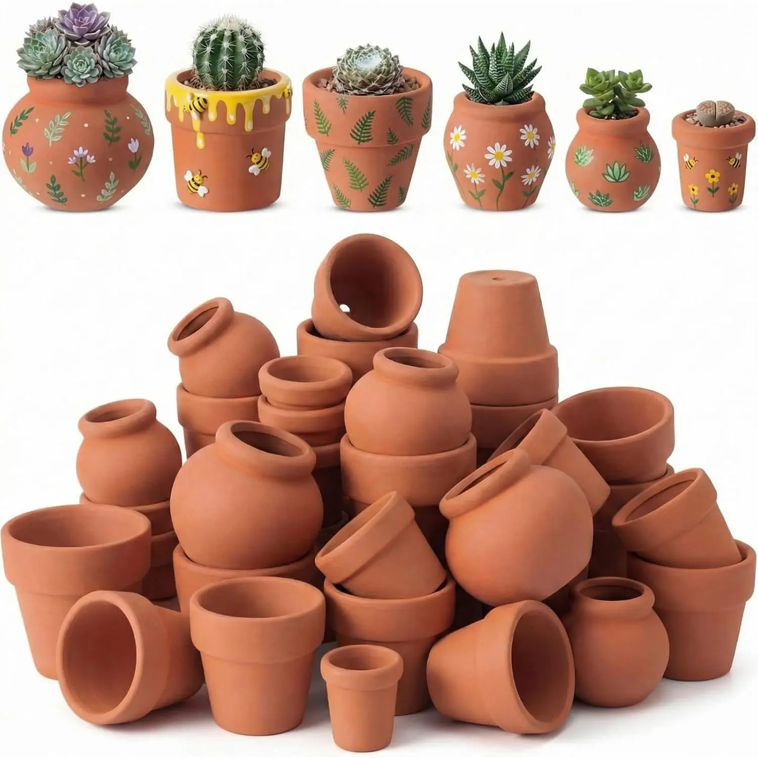 36 count 1.34'' 0.7''Small Terracotta Pot Mini Clay  Flower Pots Bulk Cactus Succulent   Pots Dollhouse Flower Pot for DIY Craft Garden  Office  Decoration, 6 Styles