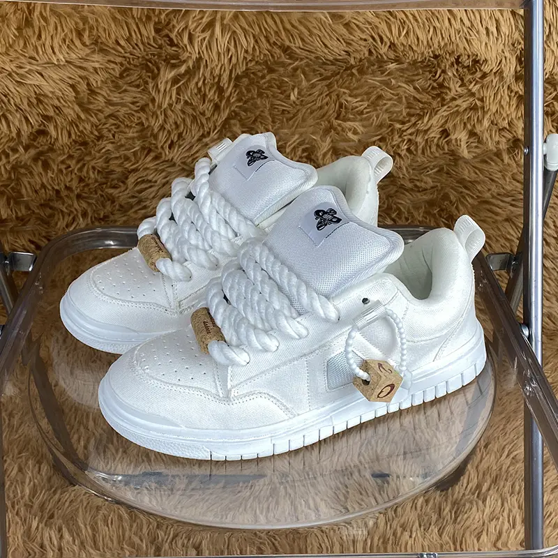 Minimalist White Chunky Skate Board Shoes, Oversized White Twisted Rope Laces Platform Casual Sneakers with Wooden Lock Charm, Unisex Street Walking Footwear for Youth Men Women