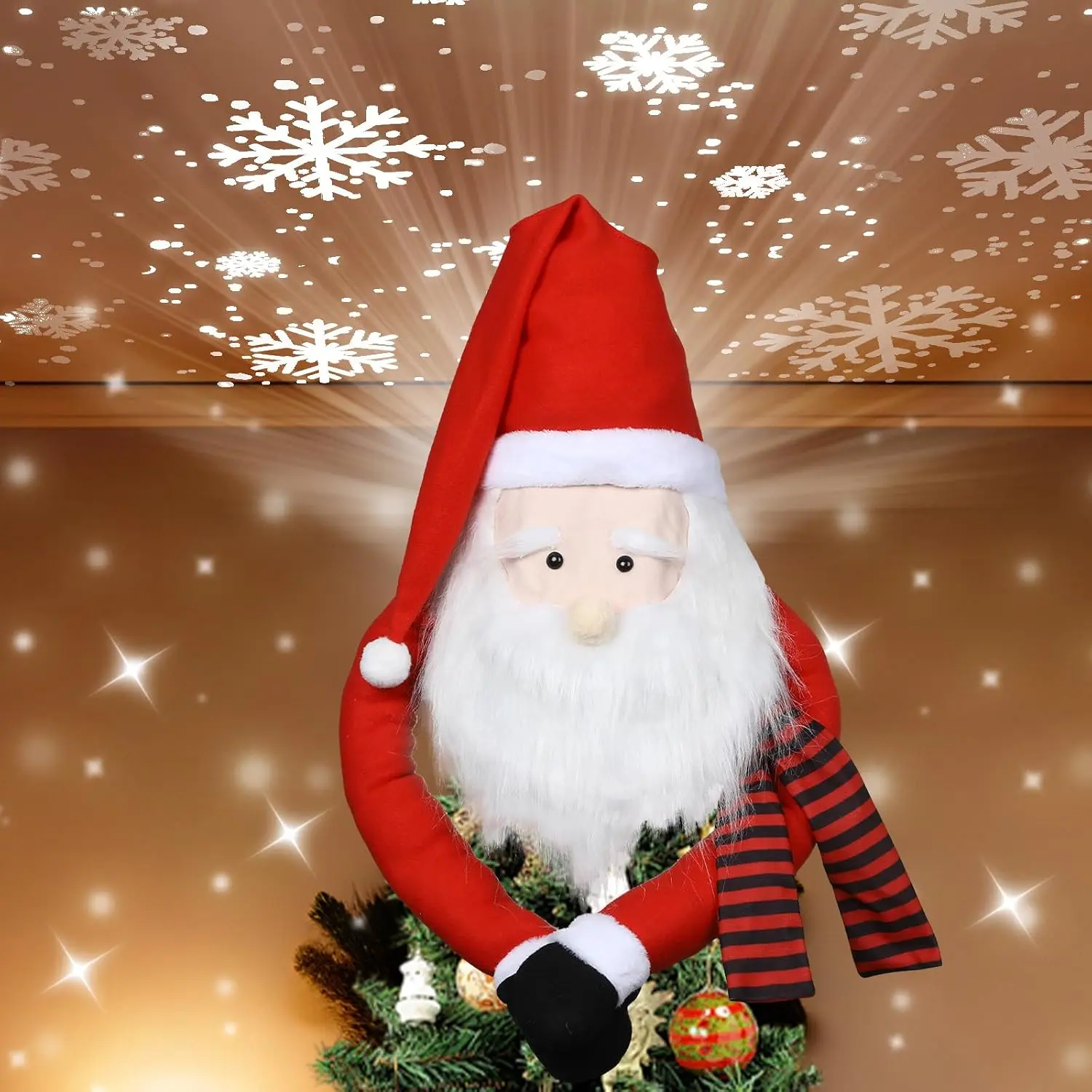 Christmas Santa Claus Tree Topper with Snowflake Projector Light, Rotating Snowflake LED Lights Xmas Santa Tree Hugger Topper Hat Ornaments for Christmas  Year Winter Holiday Trees  Party Decor