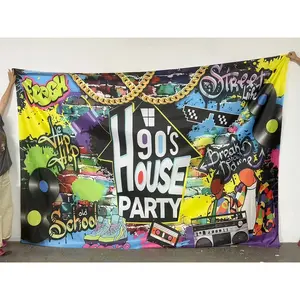 2D flat banner, 1pc90s House Party Graffiti Wall Art, Vibrant Neon Colorful Retro Collage Decor with Vinyl Records, Rollerblades, and Boombox for Nostalgic Home or Party Decorations, Party Backdrop Decoration