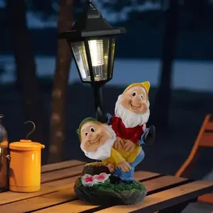 Solar Garden Gnome Statue with Light, Happy Elf Couple Resin Outdoor Decor, Waterproof LED Yard Art, Hand-Painted Patio Ornament, Unique Gift for Garden Lovers