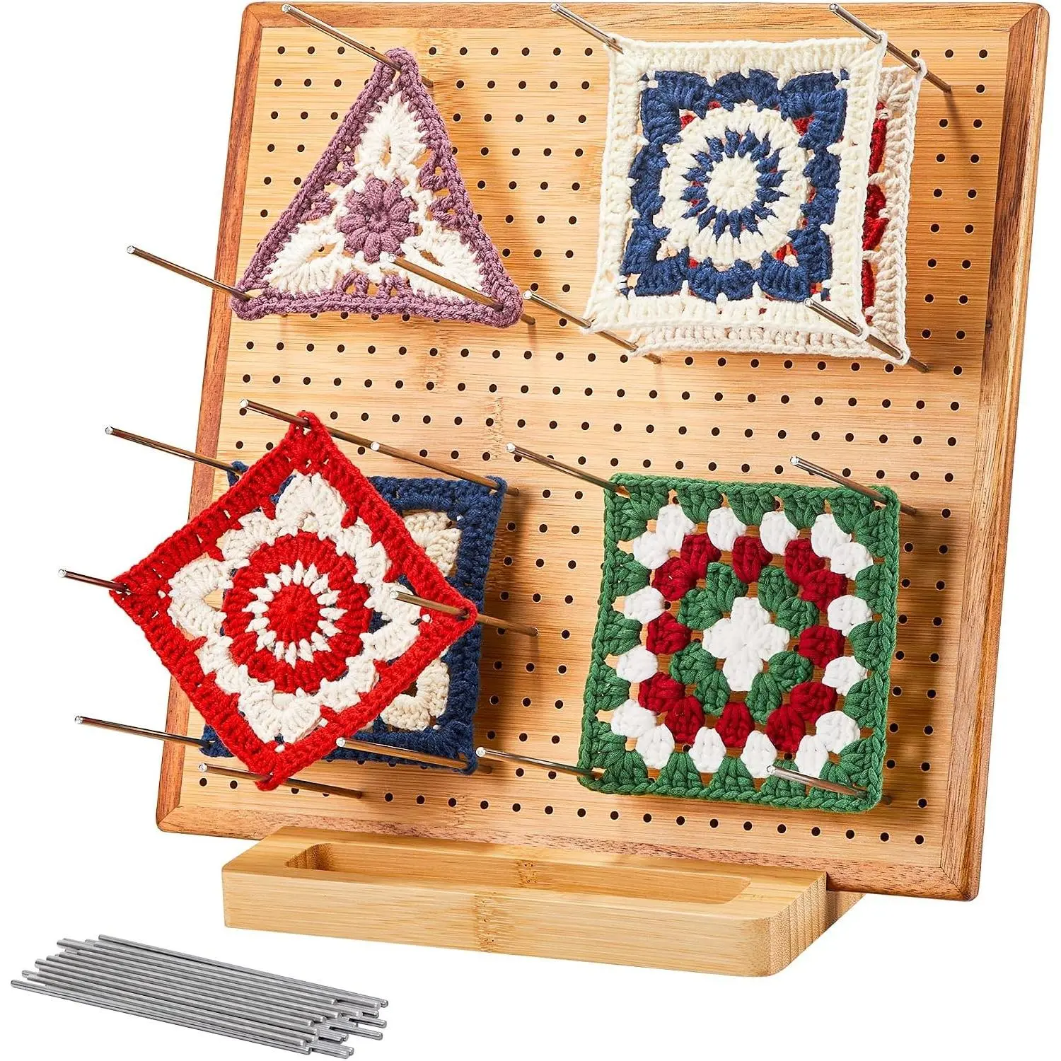 11.8" Crochet Blocking Board with 20 Pegs Pins, Granny Square Blocking Board for Crochet Projects, Bamboo Blocking Boards for Crocheting and Knitting, Wooden Gifts for Crocheter