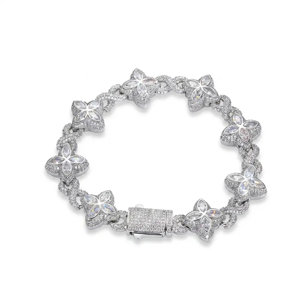 ZIIYONG Iced Out Floral Link Bracelet men , Sterling Silver Cubic Zirconia Statement   sister gift   fashion jewelry campingessentials