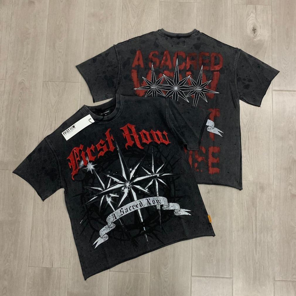 First Row Streetwear Vintage Washed Diamond Rhinestone Cropped Tee Y2K Retro Hip Hop Bling Shiny Graphic Oversized Loose Fit Crew Neck Short Sleeve Pure Cotton Viral Trendy Casual Daily Couple Matching Summer Streetwear Must Have Top For Men Unisex