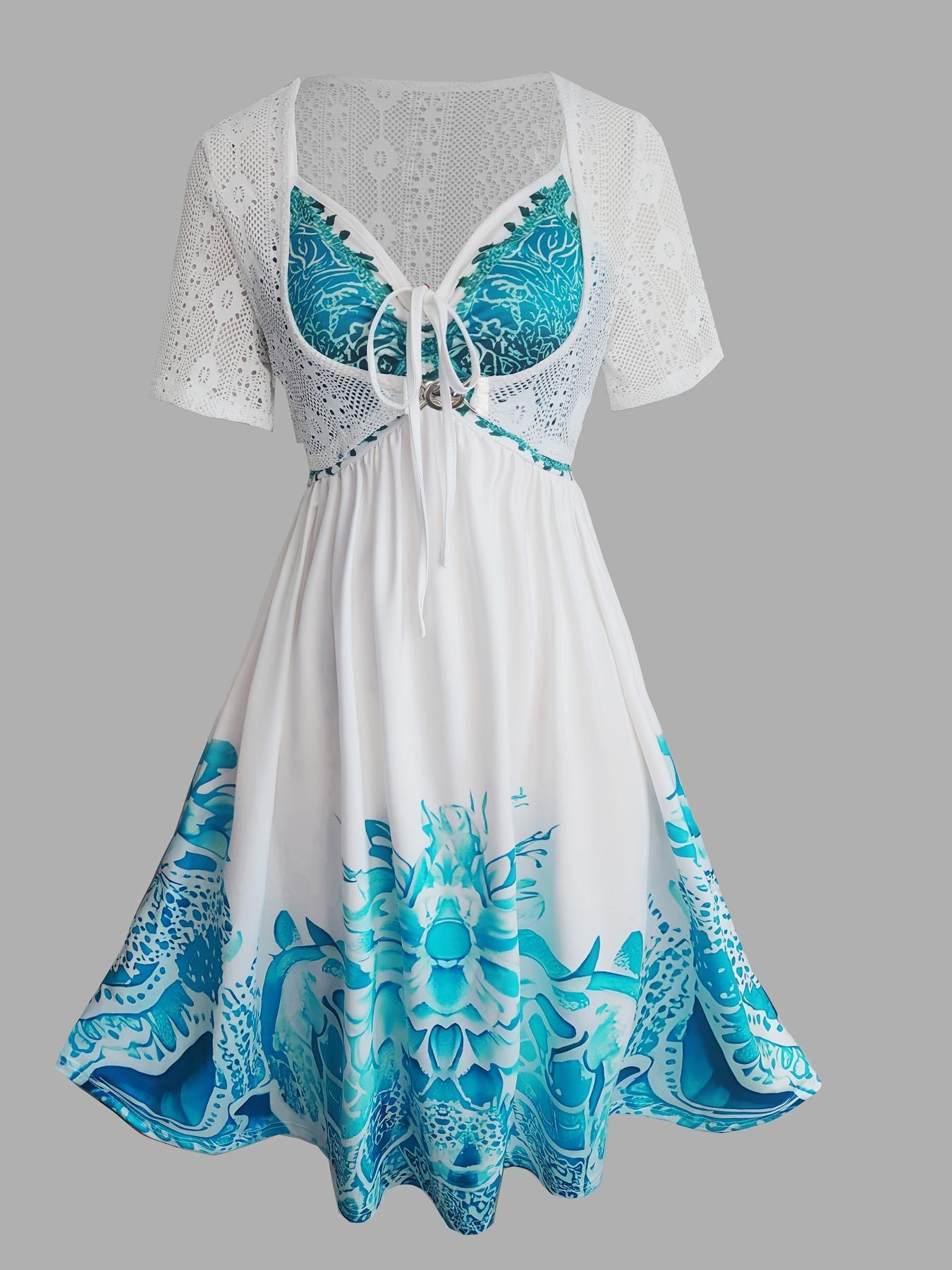 Women's Colorblock Print Cami Dress & Top Two-piece Set, Boho Sleeveless Dress & Crop Top for Beach Holiday Vacation, Ladies Summer Clothes, Bohemian Spaghetti Strap Womenswear, Casual Loose Dress, Casual Boho Style