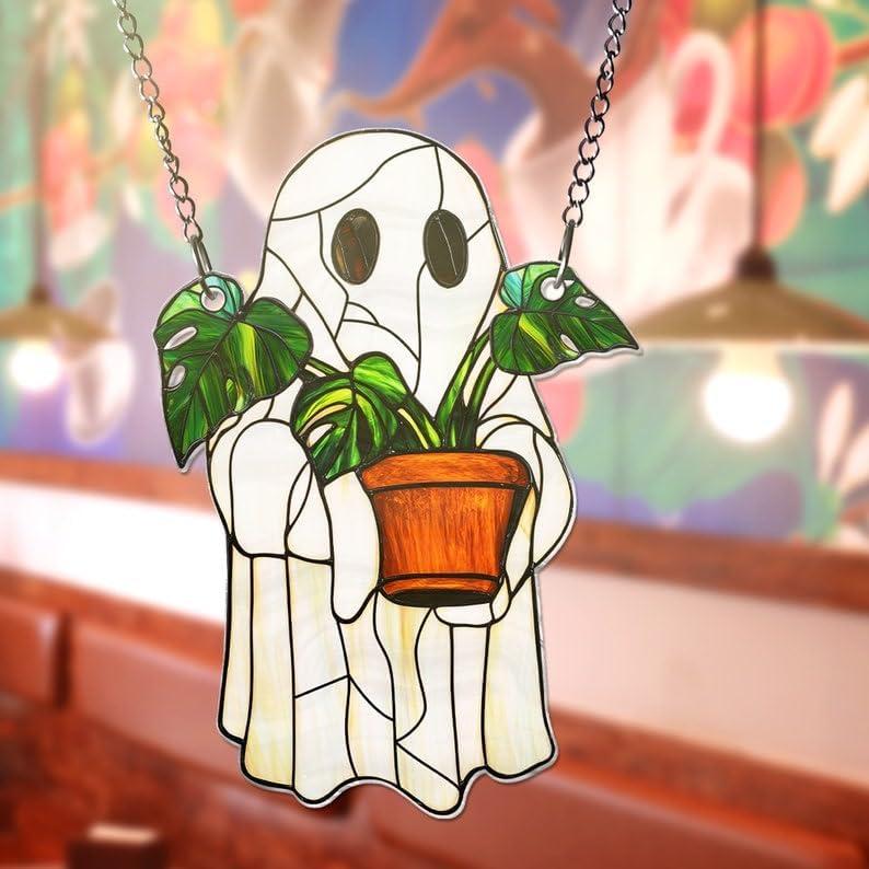 2PCS Cute Ghost Plant Suncatcher - Ghost and Monstera Acrylic Ornament, Perfect Halloween Hanging Decor, Ideal Gift for Plant Lovers and Moms