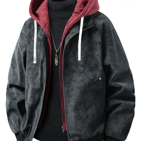 Men's Loose-Fitting Colorblock PU Jacket, Casual Long Sleeve Hooded Outerwear, Ideal for Daily Wear and Outdoor Activities