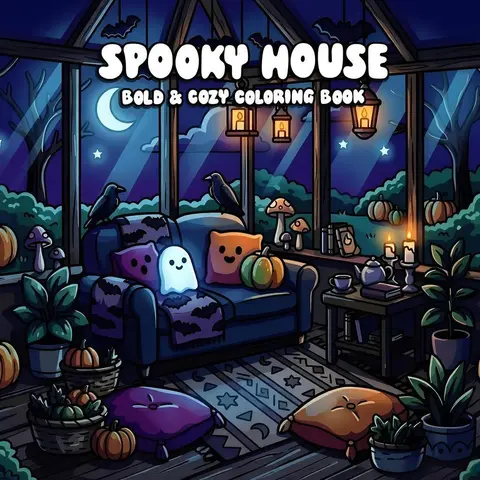 Spooky House Bold & Cozy Coloring Book For Adults Teens, Cute Halloween Ghost Pumpkin Bat Mushroom Cozy Interior Coloring Pages, Scenes, Dark Cottagecore ASMR Stress Relief Relaxation Coloring Therapy, Beginner Friendly Spooky Cute Coloring Book gifts
