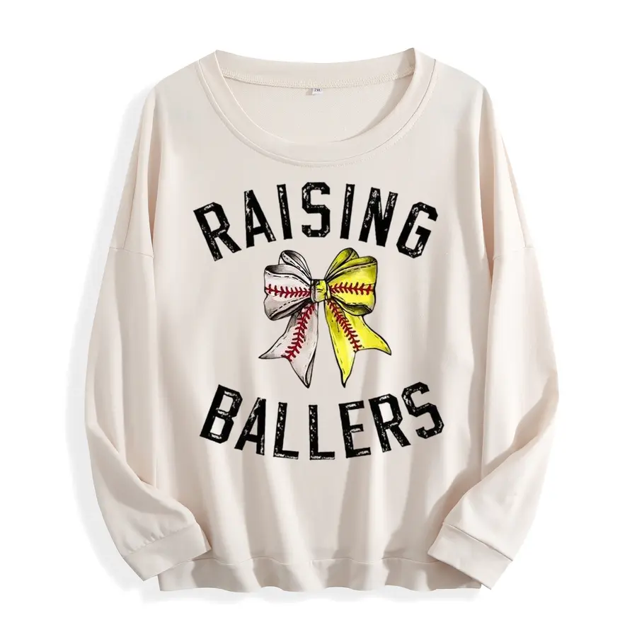 WAYII Raising Ballers Baseball Bow Graphic Oversized Crewneck Sweatshirt, Vintage Distressed Letter Print Loose Drop Shoulder Pullover Tops For Women Sports Casual Streetwear